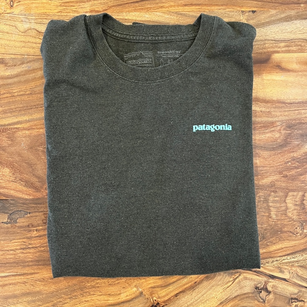 Patagonia Mens Long Sleeve T-shirt M Green with Blue Logo